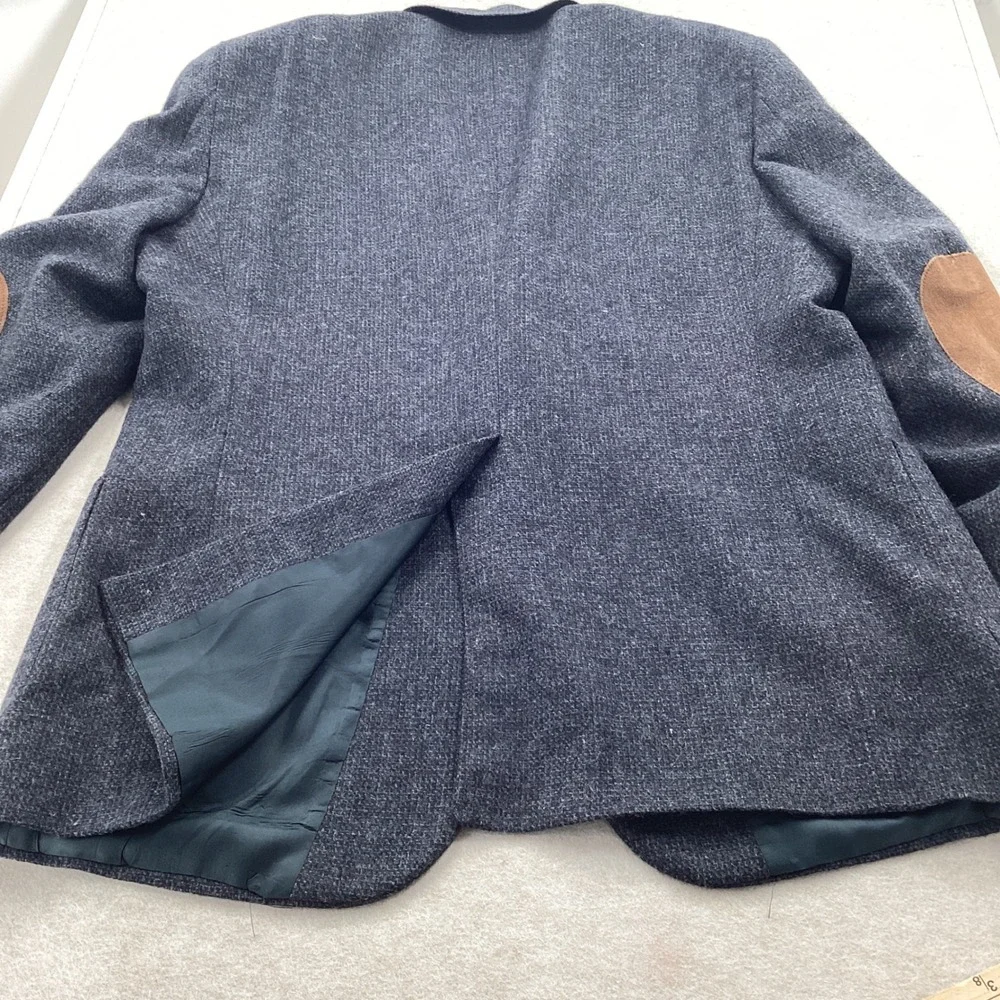 Vintage Tailored in USA Gray Blue Tweed Wool Sport Coat Suede Elbow Patches 46L